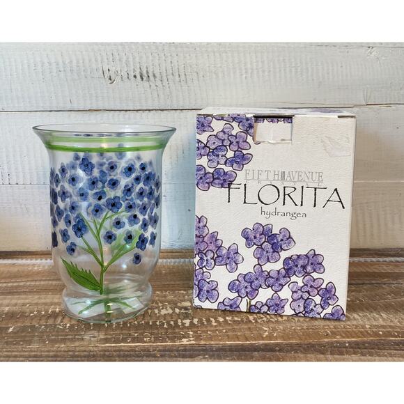NIB Fifth Avenue Crystal Blown Glass Floral Hydrangea Mini Hurricane Lamp Candle - Picture 2 of 12